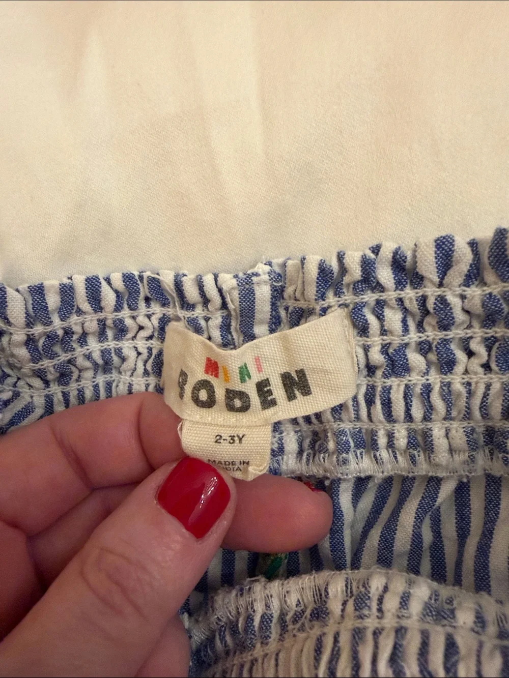 Mini Boden Blue & White Seersucker Striped Cherry Set with Ruffle Detail
